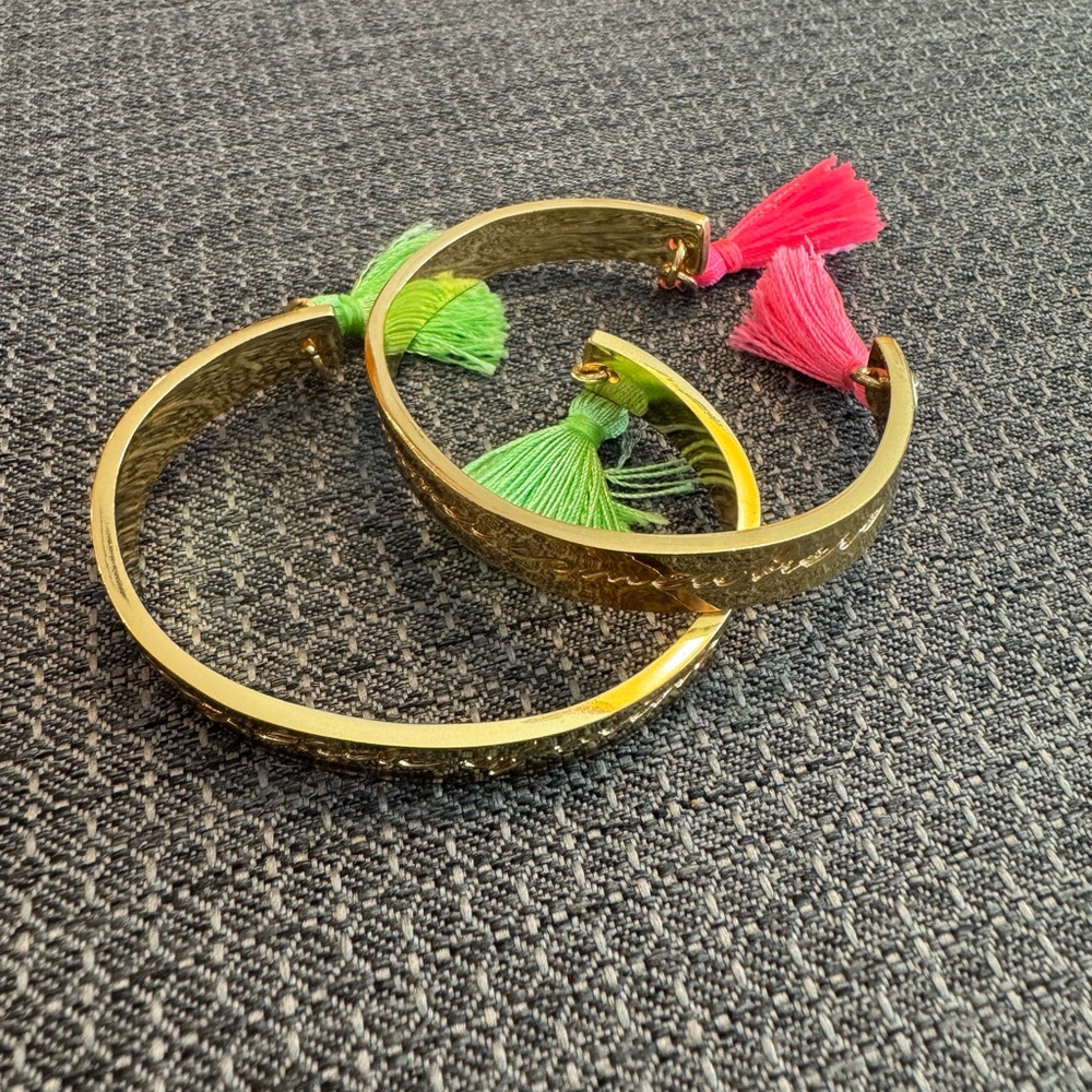 Like-New LILY PULITZER Green & Pink Tassel Fringe Cuff Boho Bracelets